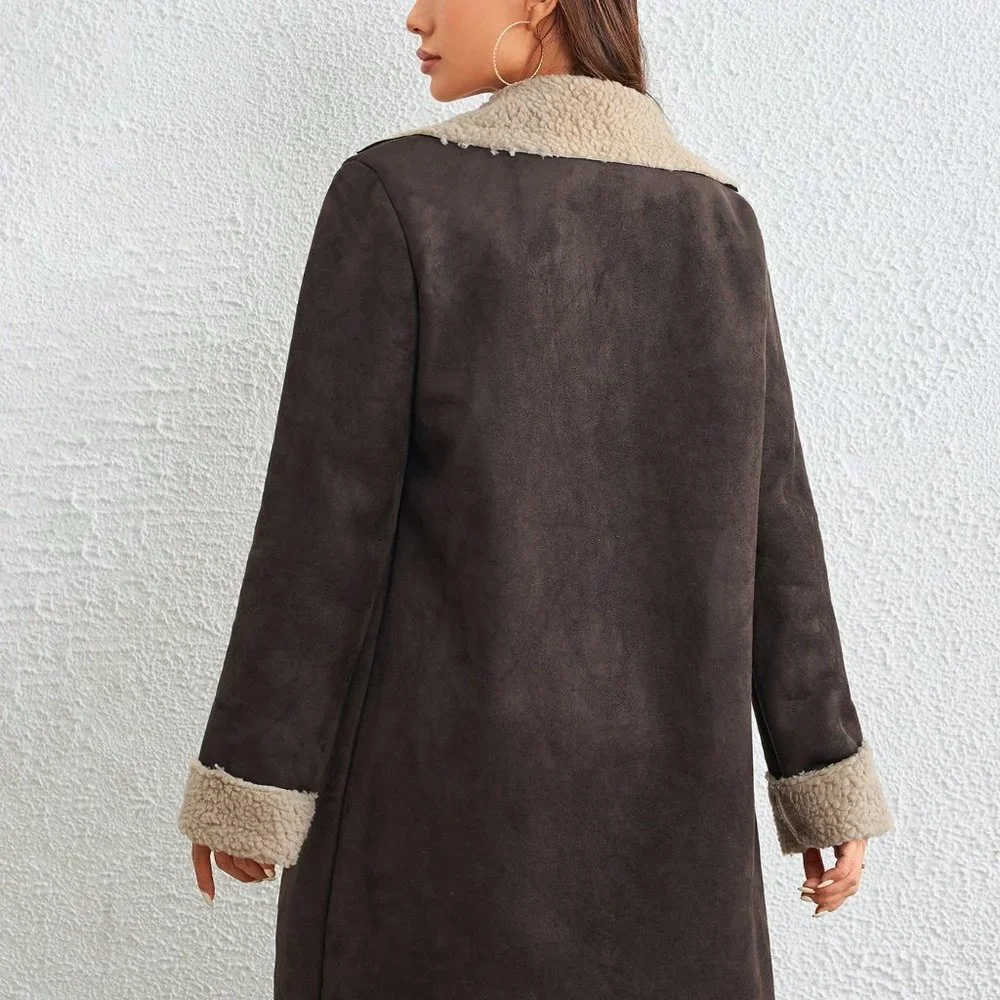 Brown Preppy Womens Lapel Collar Teddy Lined Suedette Coat - Picture 3 of 5